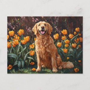 Cute Golden Retriever in a Tulip Garden Postcard