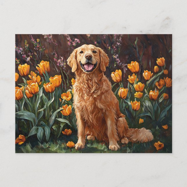 Cute Golden Retriever in a Tulip Garden Postcard (Front)