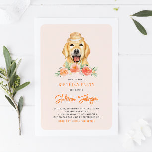 Cute Golden Retriever Peach Floral Kids Birthday Invitation