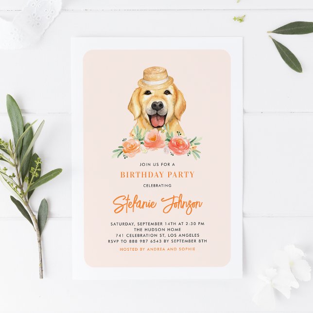 Cute Golden Retriever Peach Floral Kids Birthday Invitation (Creator Uploaded)
