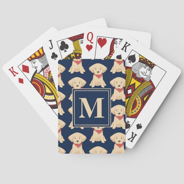 Cute Golden Retriever Puppies Navy Blue Monogram Playing Cards (Back)