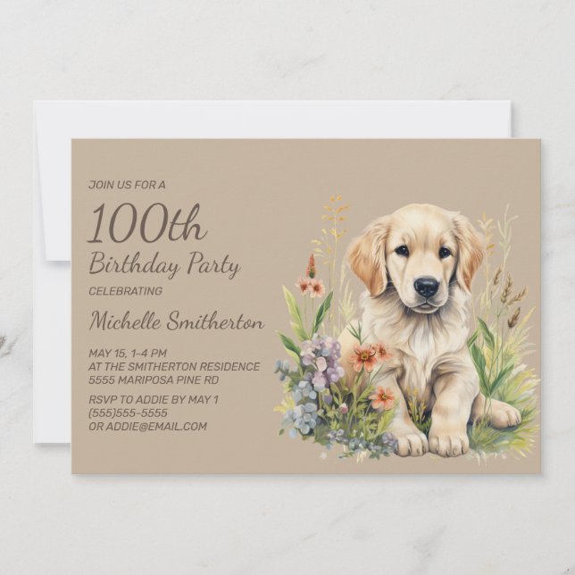 Cute Golden Retriever Puppy 100th Birthday Invitation (Front)