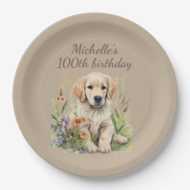 Cute Golden Retriever Puppy 100th Birthday Paper Plate (Front)