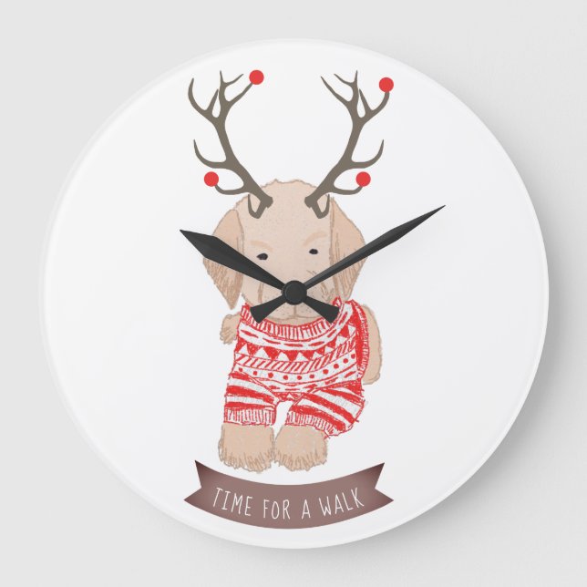 Cute Golden Retriever Puppy Christmas Antlers Large Clock (Front)