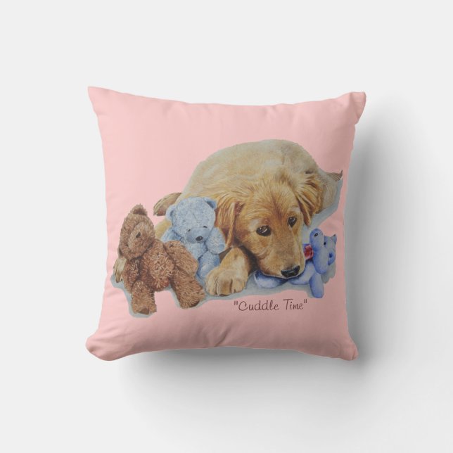 cute golden retriever puppy cuddling teddy bears cushion (Front)