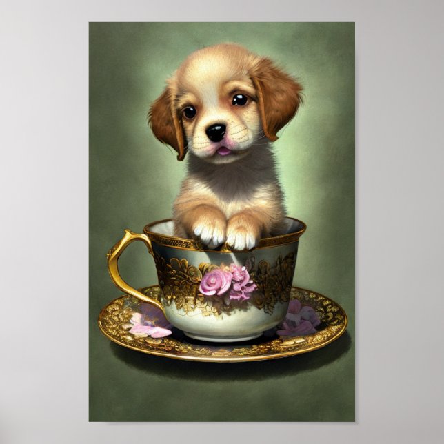 Cute Golden Retriever Puppy in a Teacup Poster (Front)