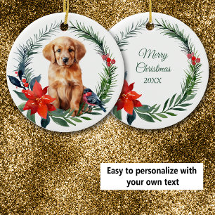 Cute Golden Retriever Puppy Watercolor Poinsettia Ceramic Tree Decoration