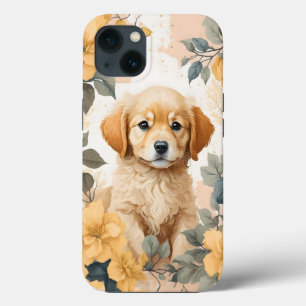 Cute Golden Retriever Puppy Yellow Flowers iPhone 13 Case