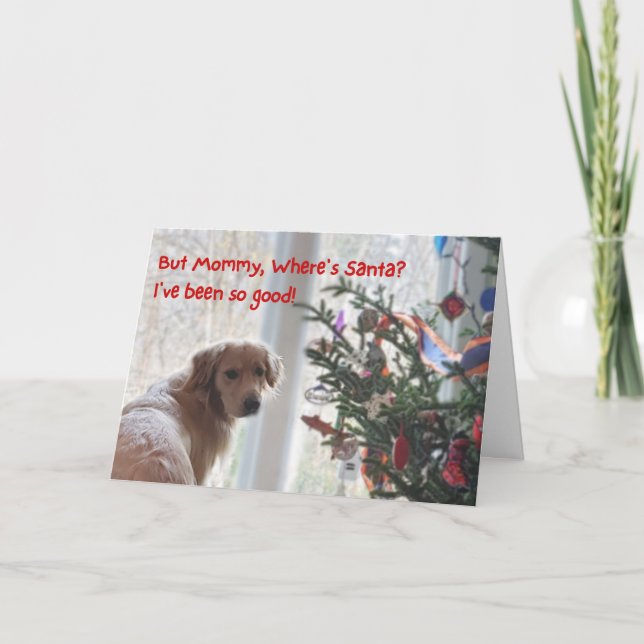 Cute Golden Retriever Waiting for Santa Christmas Card (Front)