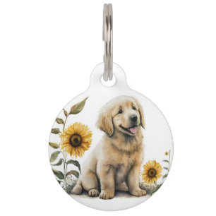 Cute Golden Retriever with Sunflowers Pet Tag