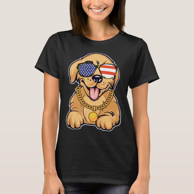 Cute Golden Retriever With USA Sunglasses Patrioti T-Shirt (Front)