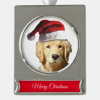 Cute Golden Retriver Santa Claus Silver Plated Banner Ornament