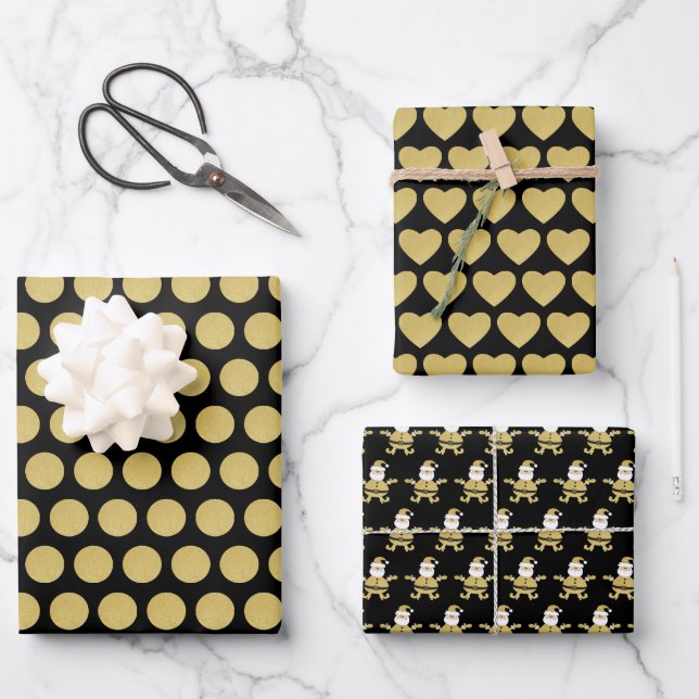 Cute Golden Santa Dots And Hearts Wrapping Paper Sheet (Front)