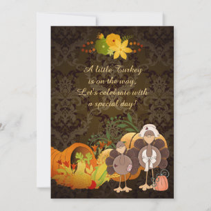Cute Golden Thanksgiving Girl Turkey Baby Shower Invitation