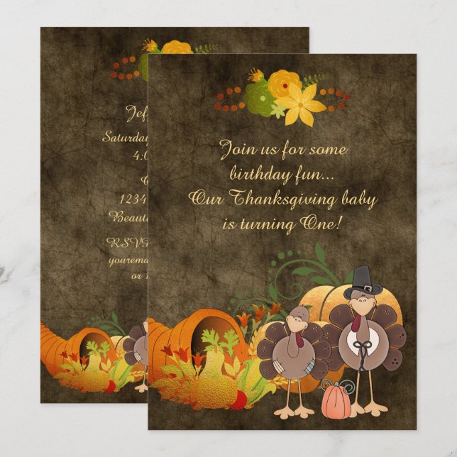 Cute Golden Thanksgiving Turkey Boy's 1st Birthday Invitation (Front/Back)