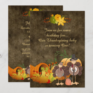Cute Golden Thanksgiving Turkey Boy's 1st Birthday Invitation