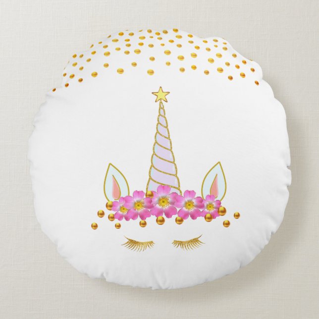  Cute Golden Unicorn, Flowers & Gold Confetti Round Cushion (Front)