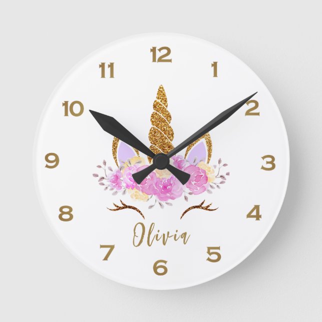 Cute Golden Unicorn Personalised  Round Clock (Front)