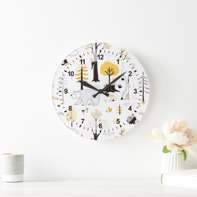 Cute Golden Woods Scene Pattern Large Clock (Home)