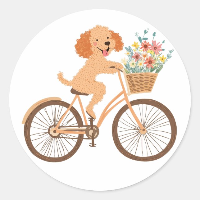 Cute Goldendoodle Dog Biking Spring Flowers Classic Round Sticker (Front)