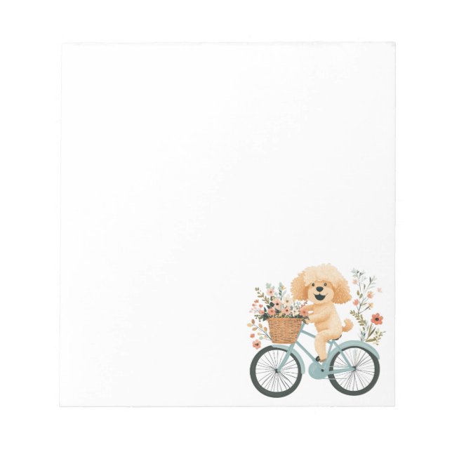 Cute Goldendoodle Dog Biking Spring Flowers Notepad (Front)