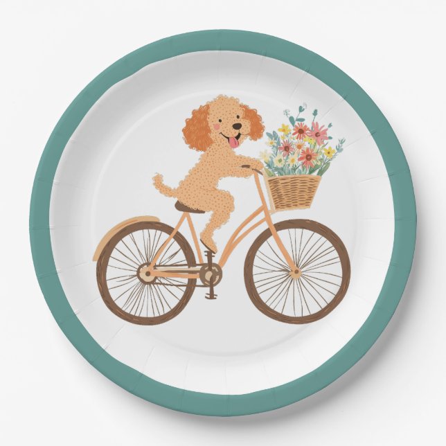 Cute Goldendoodle Dog Biking Spring Flowers Paper Plate (Front)