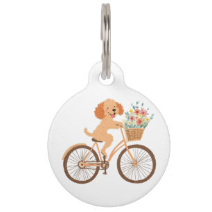 Cute Goldendoodle Dog Biking Spring Flowers Pet Tag