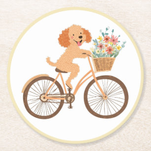 Cute Goldendoodle Dog Biking Spring Flowers Round Paper Coaster