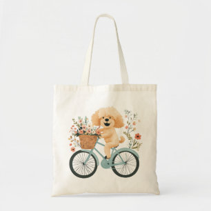 Cute Goldendoodle Dog Biking Spring Flowers Tote Bag