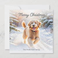 Cute Goldendoodle Dog In Snow Merry Christmas