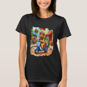 Cute Goldendoodle Dog Riding Scooter European City T-Shirt