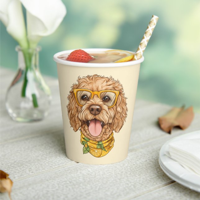 Cute Goldendoodle Dog Sunglasses Oranges Paper Cups (Insitu)