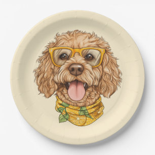 Cute Goldendoodle Dog Sunglasses Oranges Paper Plate