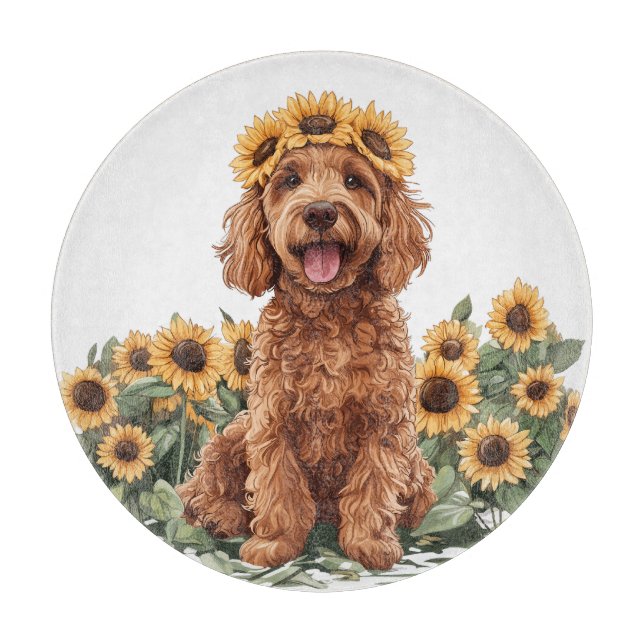 Cute Goldendoodle Dog Wearing A Sunflower Crown Cutting Board (Front)