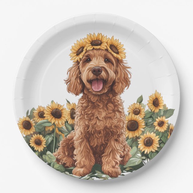 Cute Goldendoodle Dog Wearing A Sunflower Crown Paper Plate (Front)