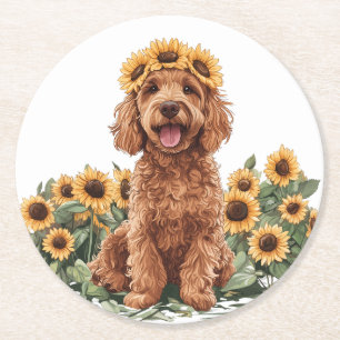 Cute Goldendoodle Dog Wearing A Sunflower Crown Round Paper Coaster