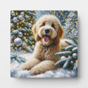 Cute Goldendoodle Dog Winter Wonderland Plaque