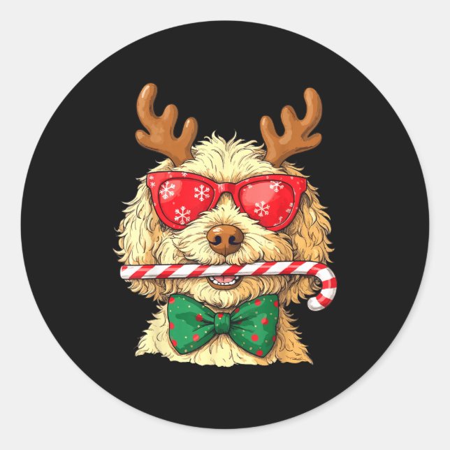 Cute Goldendoodle Dogs Christmas Lights Golden Doo Classic Round Sticker (Front)