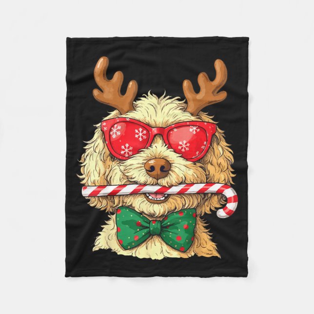 Cute Goldendoodle Dogs Christmas Lights Golden Doo Fleece Blanket (Front)