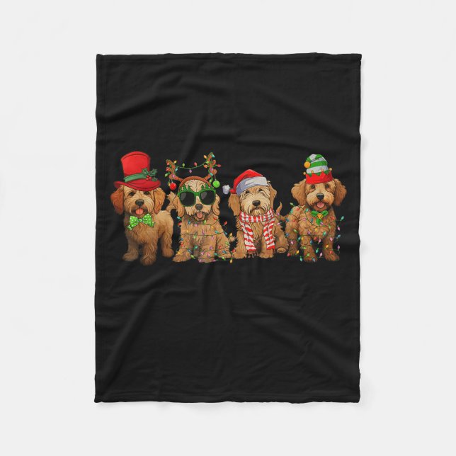 Cute Goldendoodle Dogs Christmas Lights Golden Doo Fleece Blanket (Front)