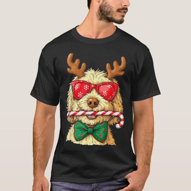 Cute Goldendoodle Dogs Christmas Lights Golden Doo T-Shirt (Front)