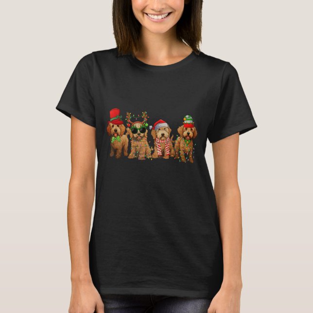 Cute Goldendoodle Dogs Christmas Lights Golden Doo T-Shirt (Front)