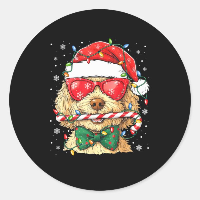 Cute Goldendoodle Santa Hat Xmas Lights Goldendood Classic Round Sticker (Front)