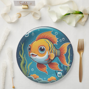 Cute Goldfish Swimming Underwater with Bubbles Paper Plate