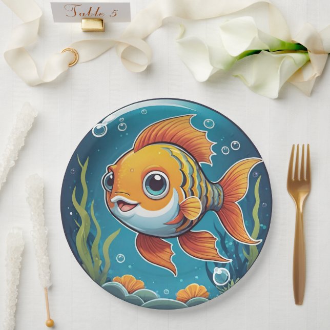 Cute Goldfish Swimming Underwater with Bubbles Paper Plate (Wedding)