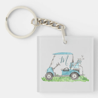 Cute Golf Cart Blue Watercolor Monogram Key Ring