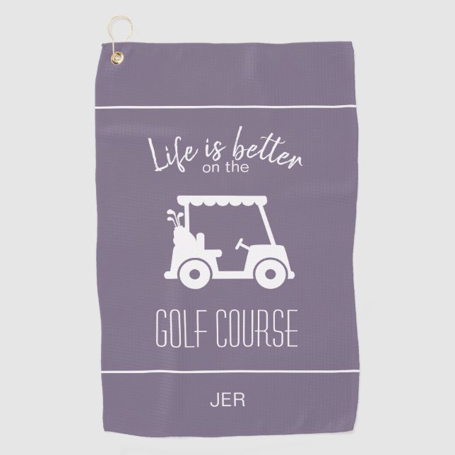 Cute Golf Cart Golfer Golf Course Quote Purple Golf Towel (Front)