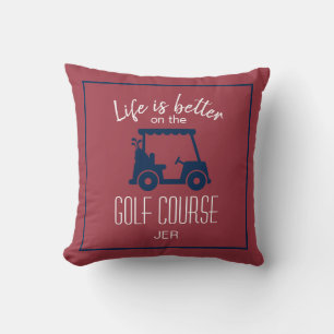 Cute Golf Cart Golfer Golf Course Quote Red Blue Cushion