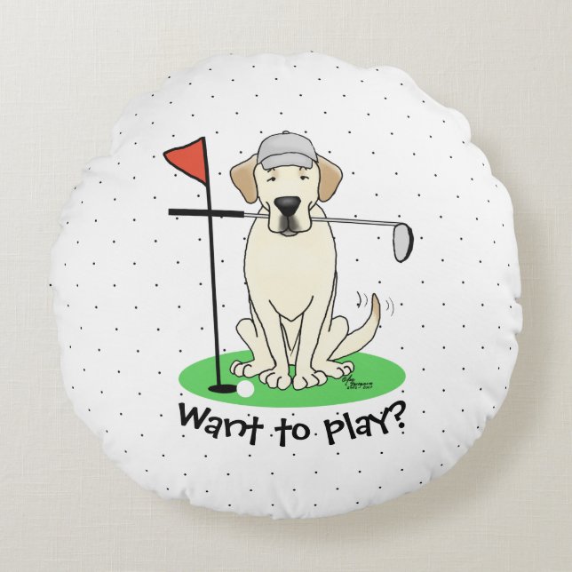 Cute Golf Yellow Labrador Retriever Dog Round Cushion (Front)