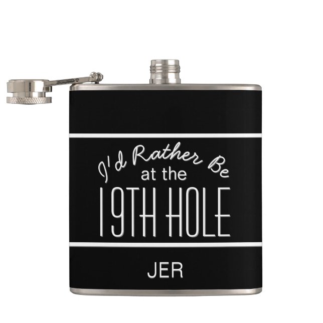 Cute Golfer 19th Hole Monogrammed Initials Black Hip Flask (Opened)
